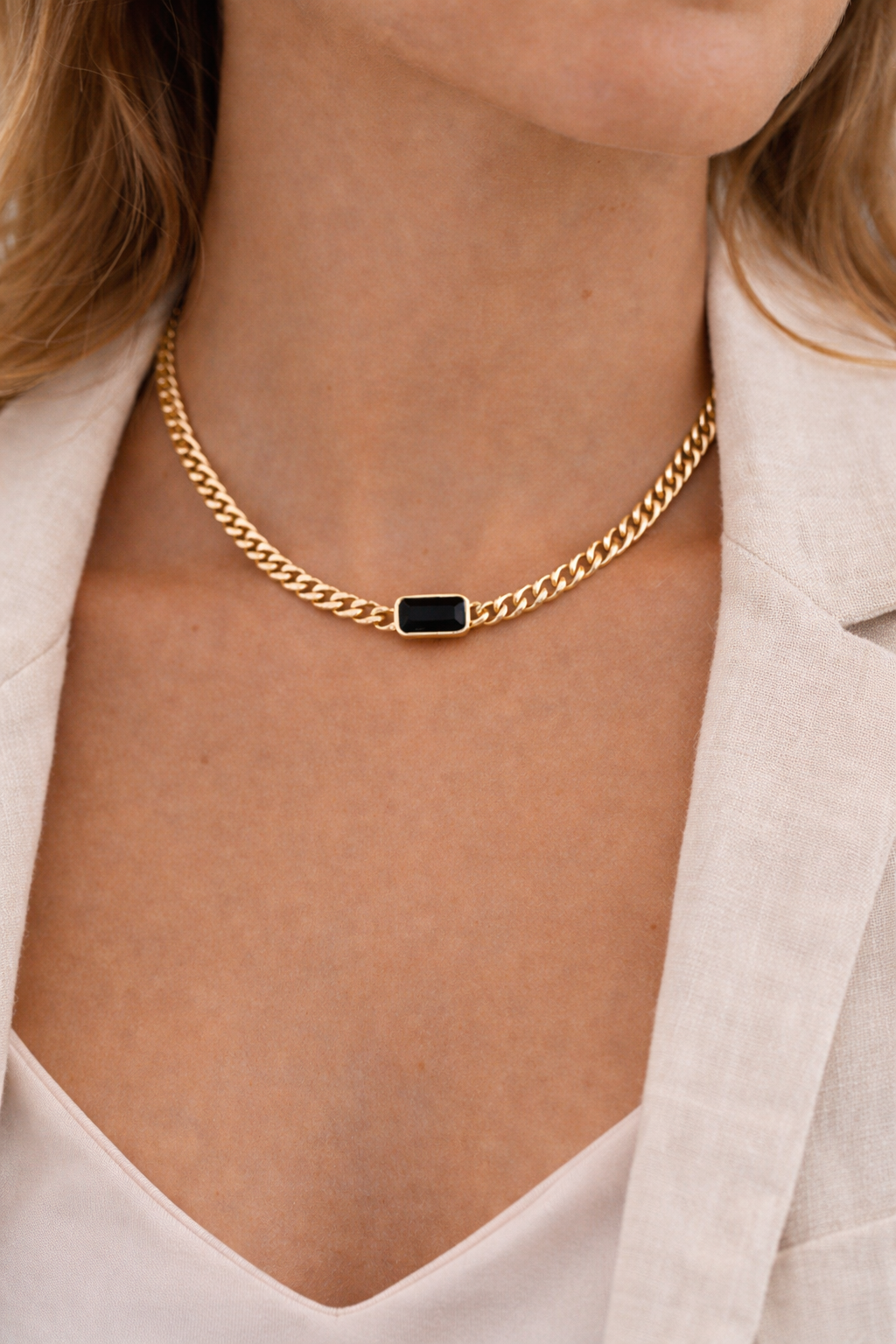 Black Stone Chain Necklace - Waterproof